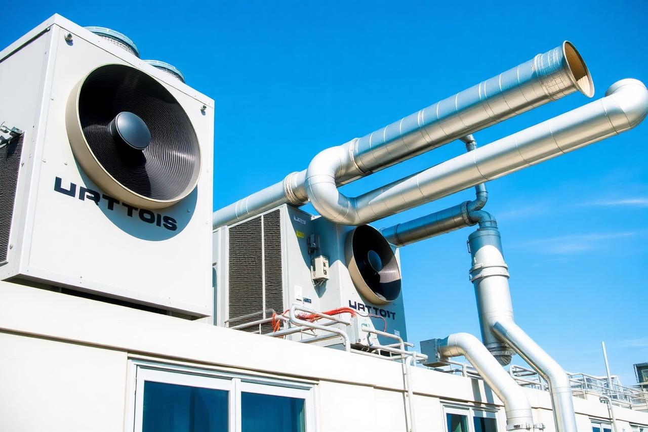 Unità di trattamento aria e canalizzazioni HVAC su copertura industriale